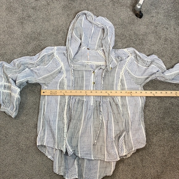 Free People Top Hooded Henley Button Down Blue and White Stripe Oversized - Picture 2 of 9
